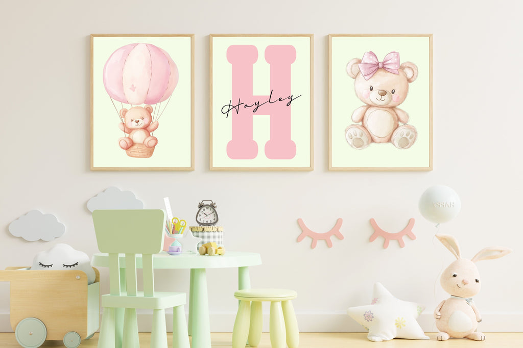 Girls Nursery Wall Art Bundle – Personalized Name + Bear Prints (Set of 3)