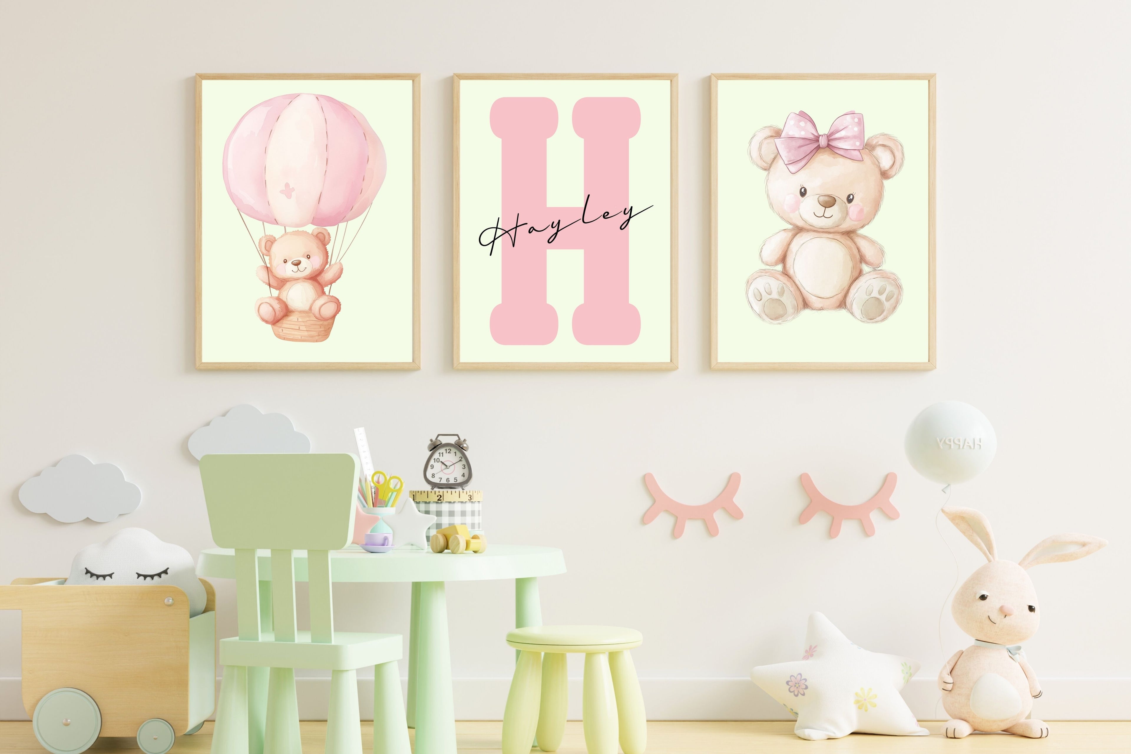 Girls Nursery Wall Art Bundle – Personalized Name + Bear Prints (Set of 3)