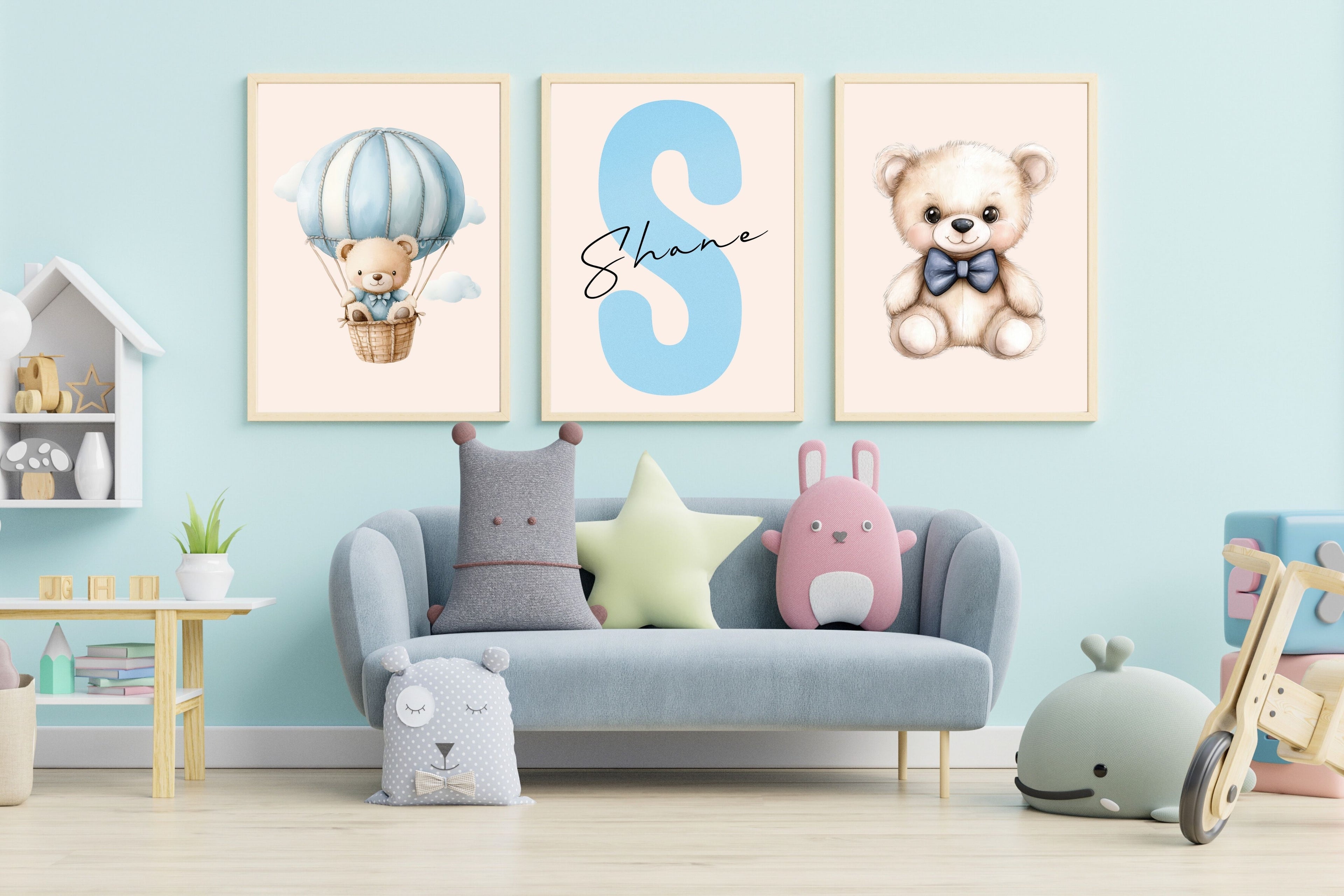 Boys Nursery Wall Art Bundle – Personalized Name + Bear Prints (Set of 3)