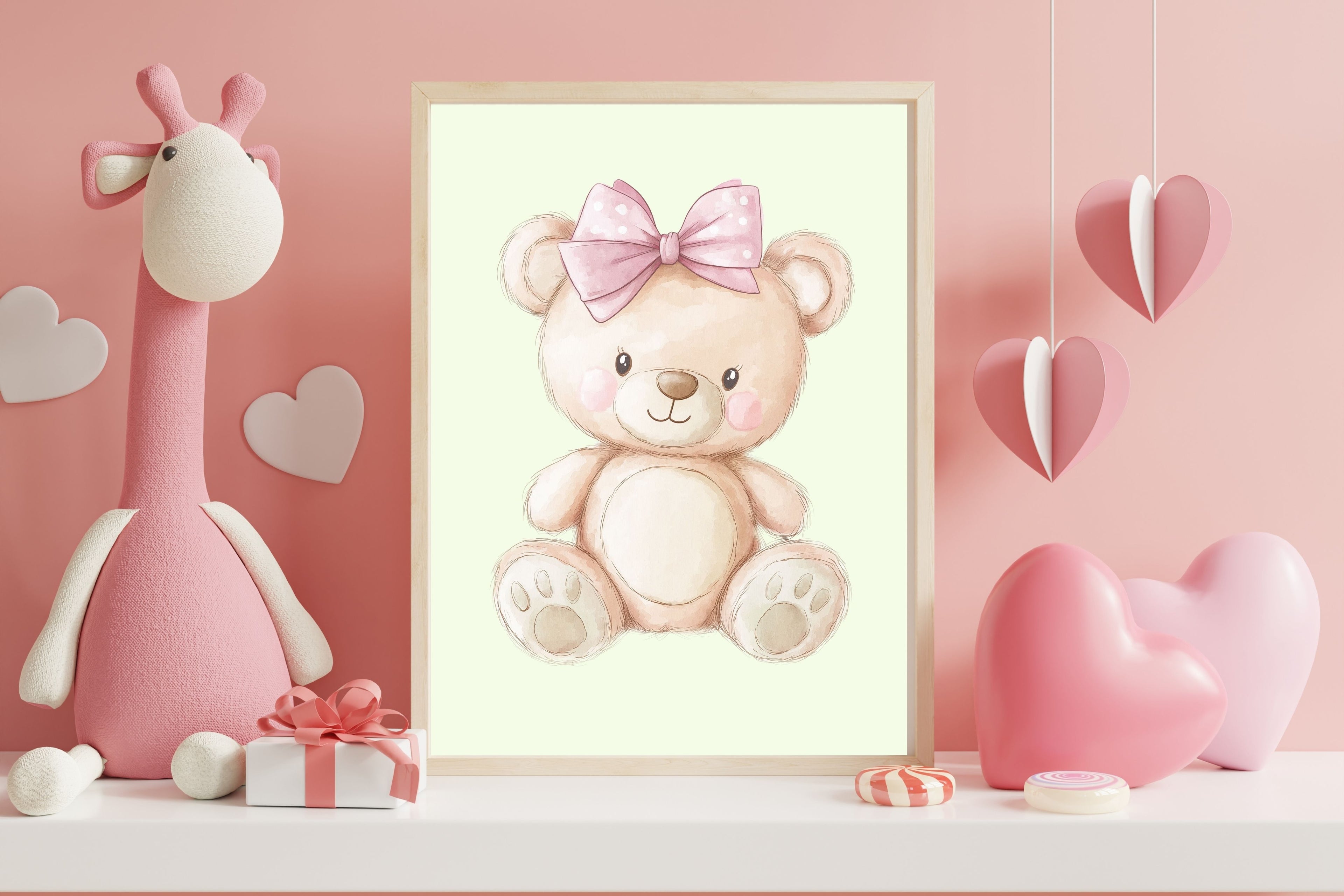 Girls Nursery Wall Art Bundle – Personalized Name + Bear Prints (Set of 3)
