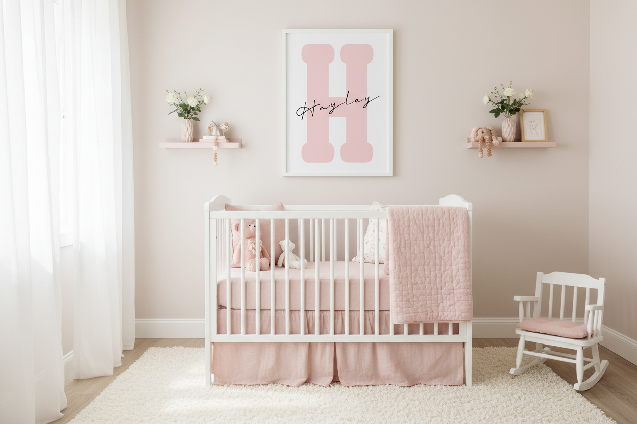 Blush pink nursery with Hayley print