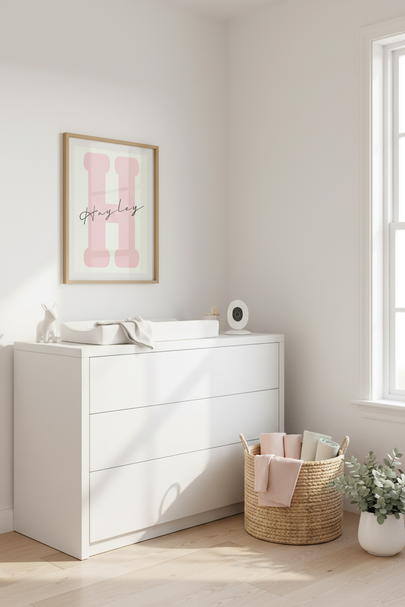 Bright minimalist nursery with Hayley print