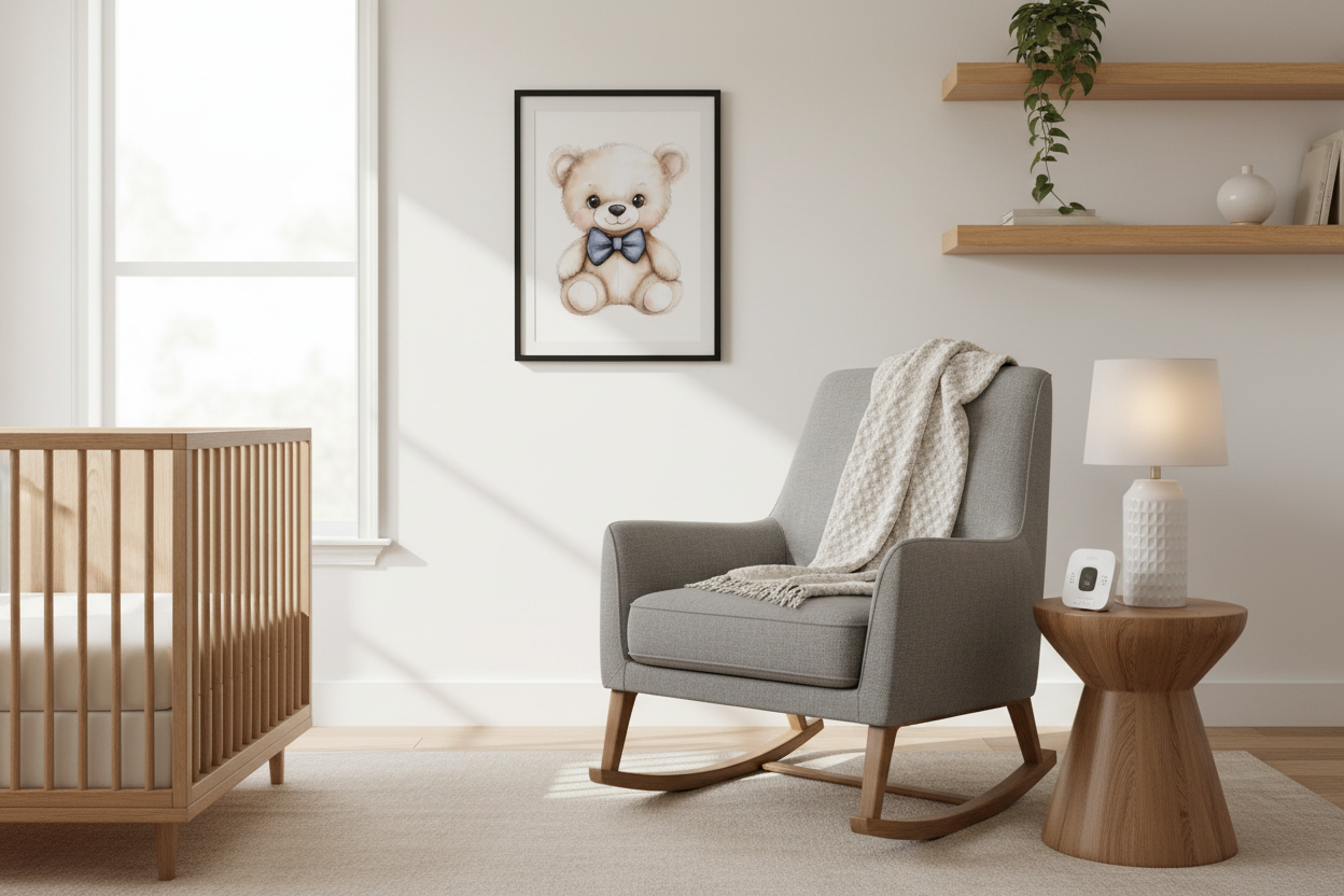 Cute teddy bear with blue bowtie print above nursery glider chair