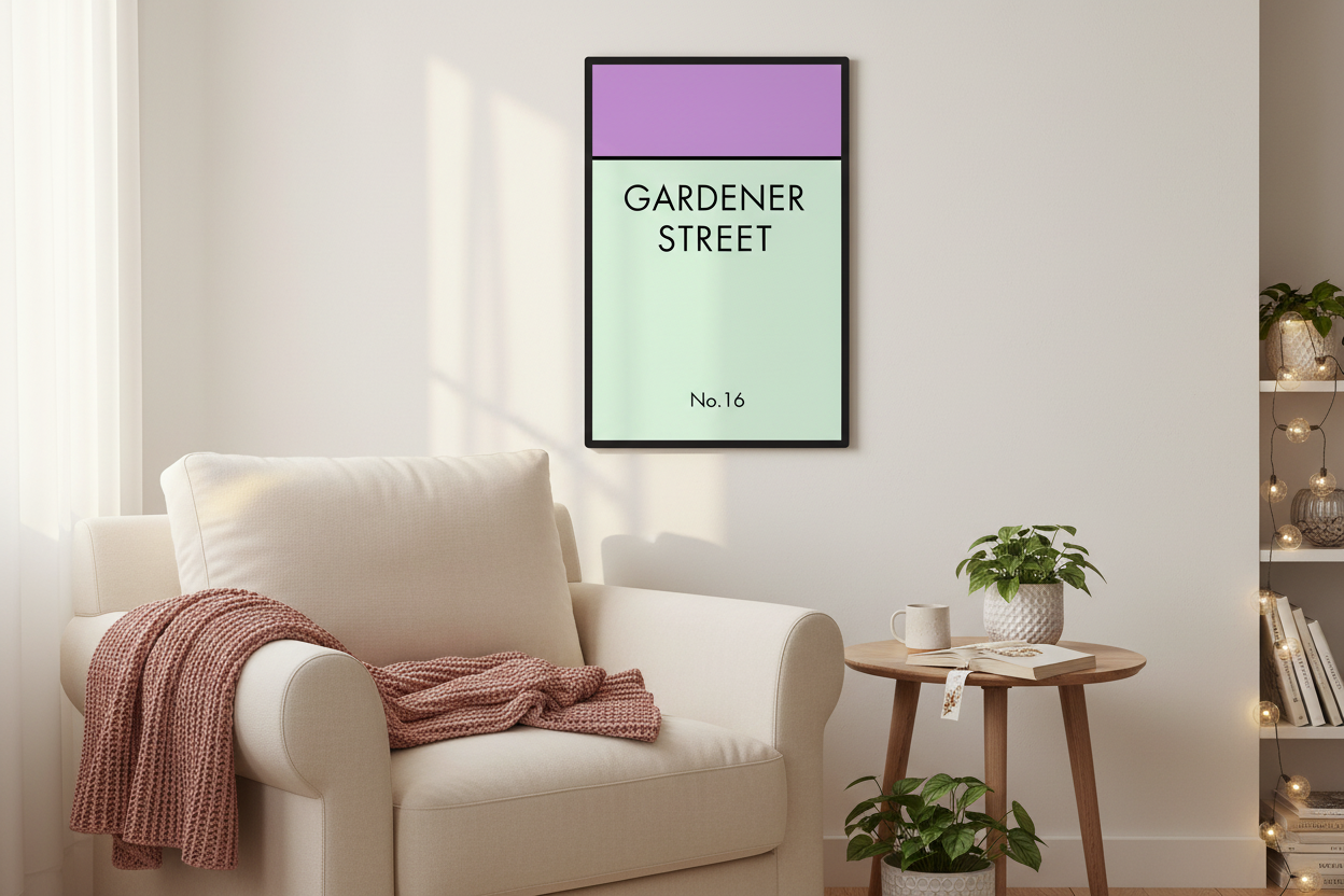Gardener Street print above cozy reading nook