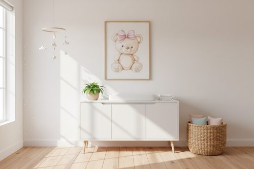 Cute teddy bear with pink bow print in bright minimalist nursery