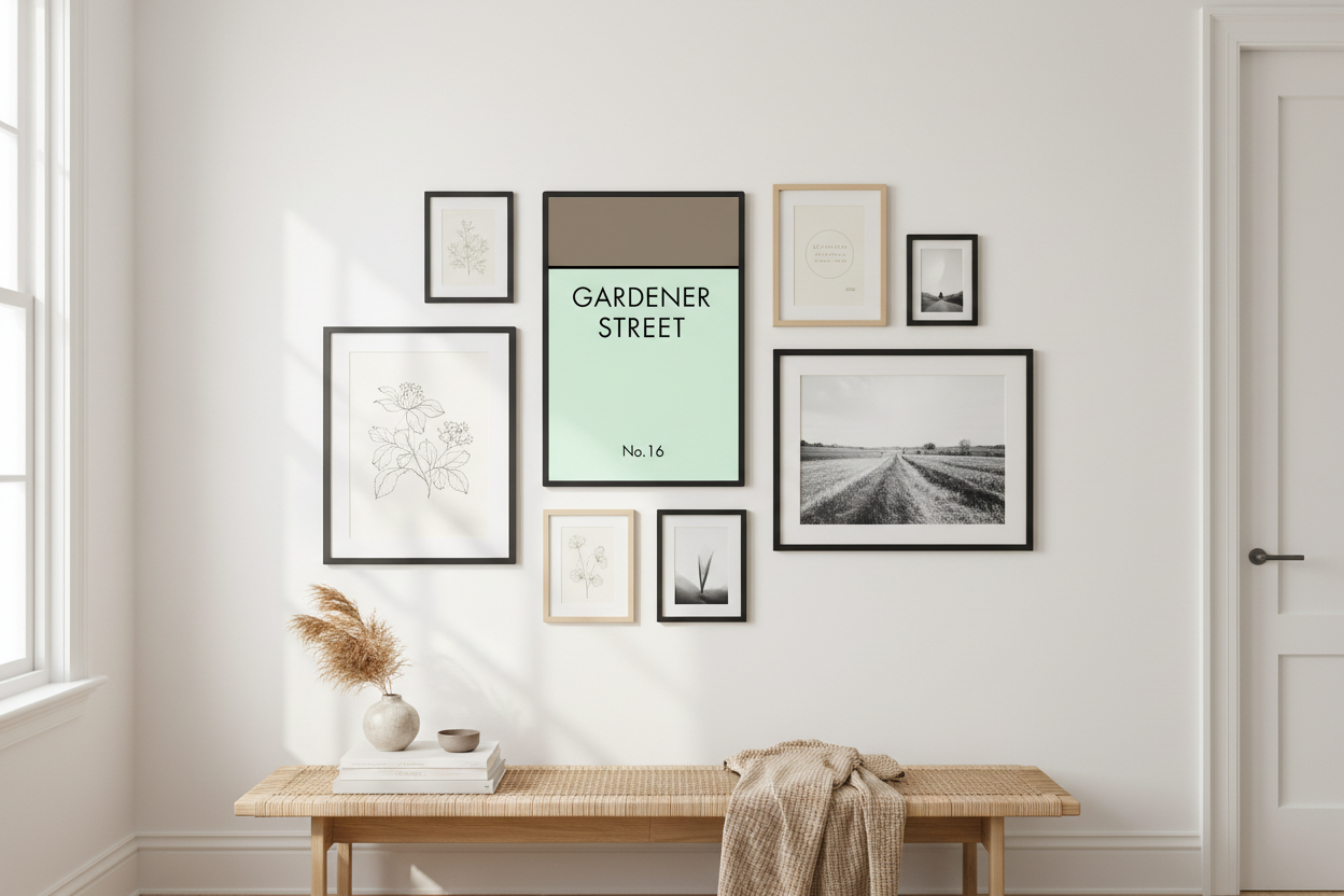 Gardener Street print in hallway gallery wall arrangement