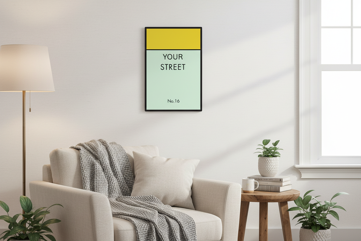 Personalized street sign print above cozy reading nook