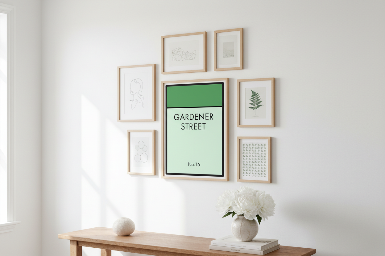 Gardener Street print in hallway gallery wall arrangement