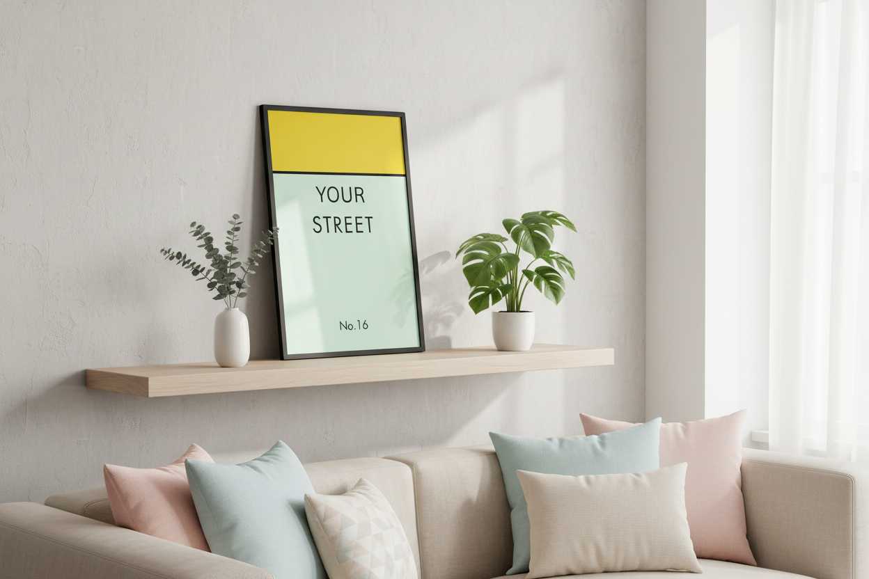 Personalized street sign print on living room floating shelf