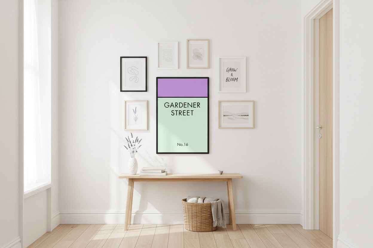 Gardener Street print in hallway gallery wall arrangement