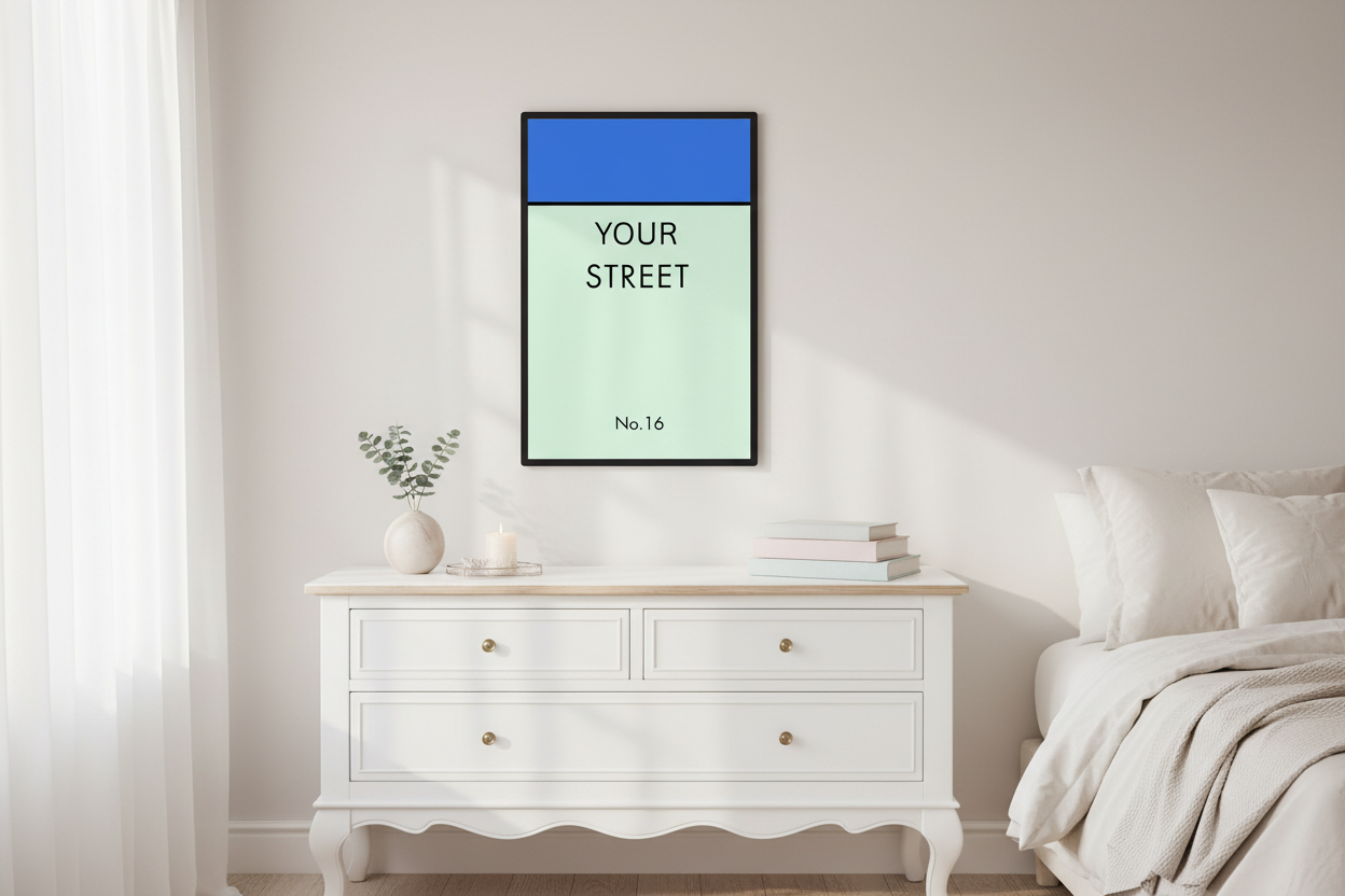 Personalized street sign print on bedroom wall above dresser