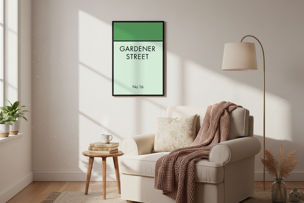 Gardener Street print above cozy reading nook