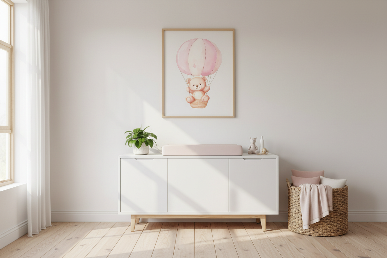 Teddy bear in pink hot air balloon print in bright minimalist nursery