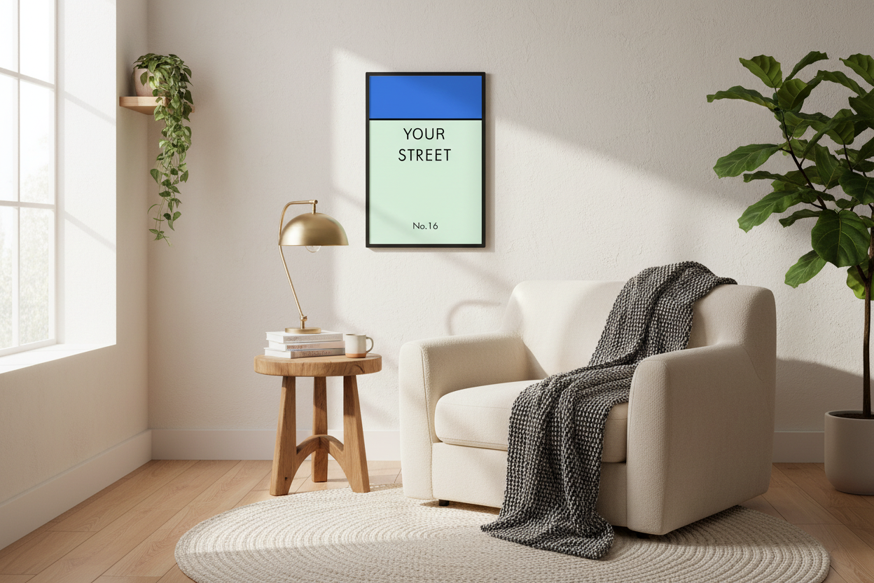 Personalized street sign print above cozy reading nook