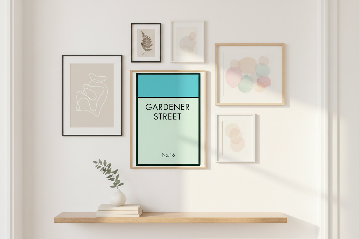 Gardener Street print in hallway gallery wall arrangement