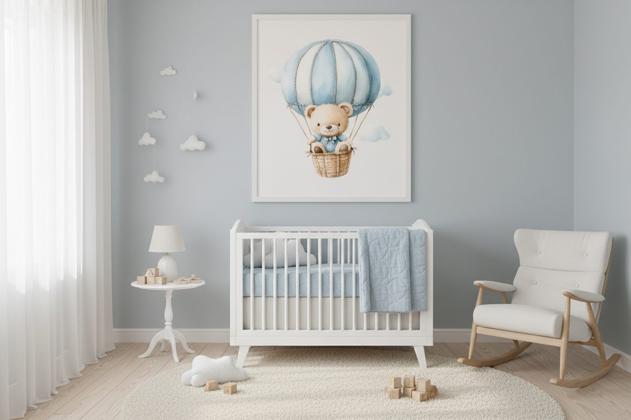 Teddy bear in blue hot air balloon print in dreamy blue and cream nursery