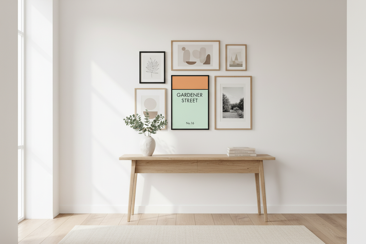 Gardener Street print in hallway gallery wall arrangement