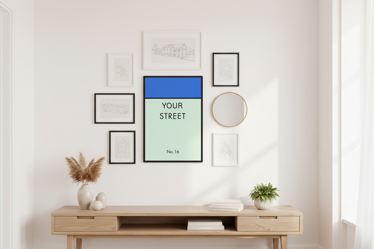 Personalized street sign print in hallway gallery wall arrangement