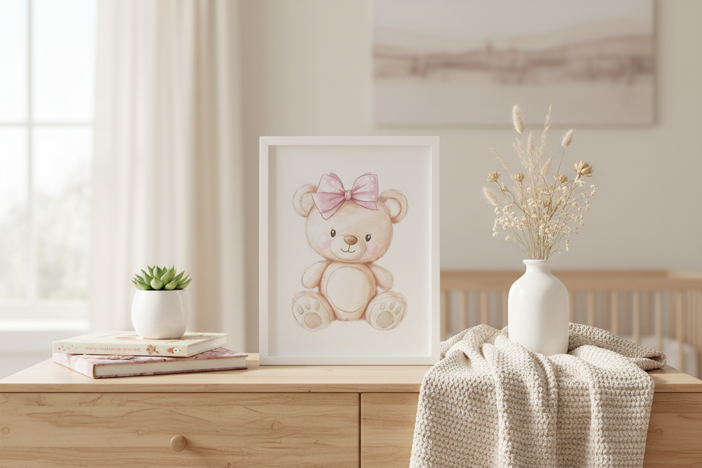 Cute teddy bear with pink bow print in white frame on nursery table