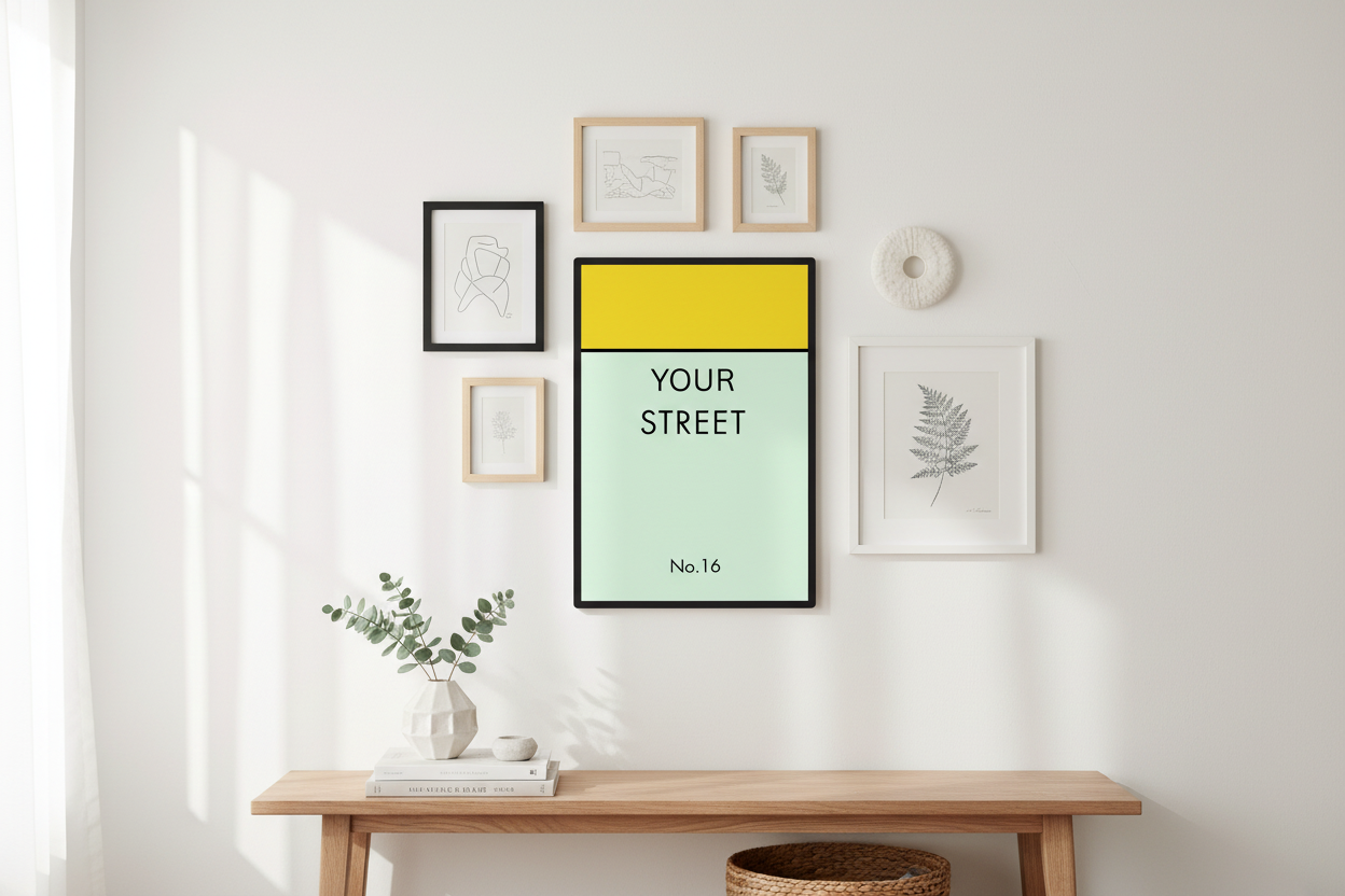 Personalized street sign print in hallway gallery wall arrangement