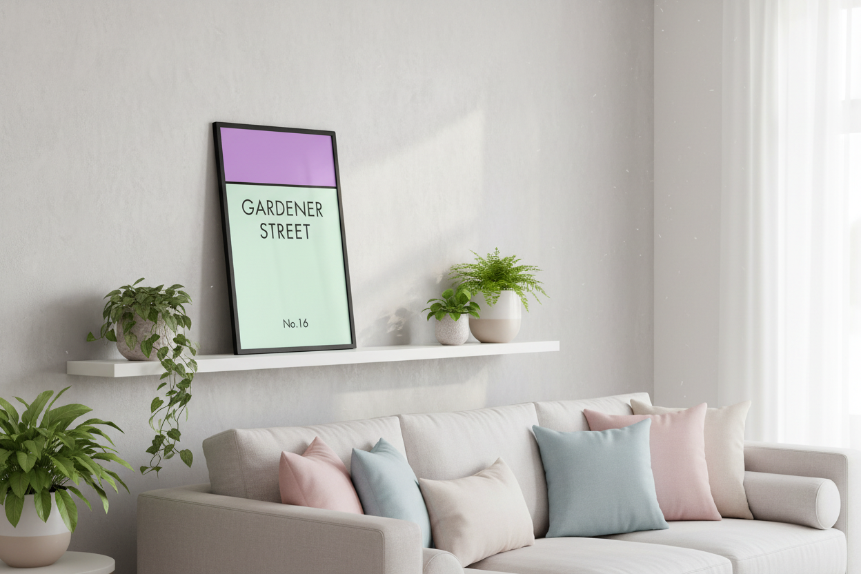 Gardener Street print on living room floating shelf