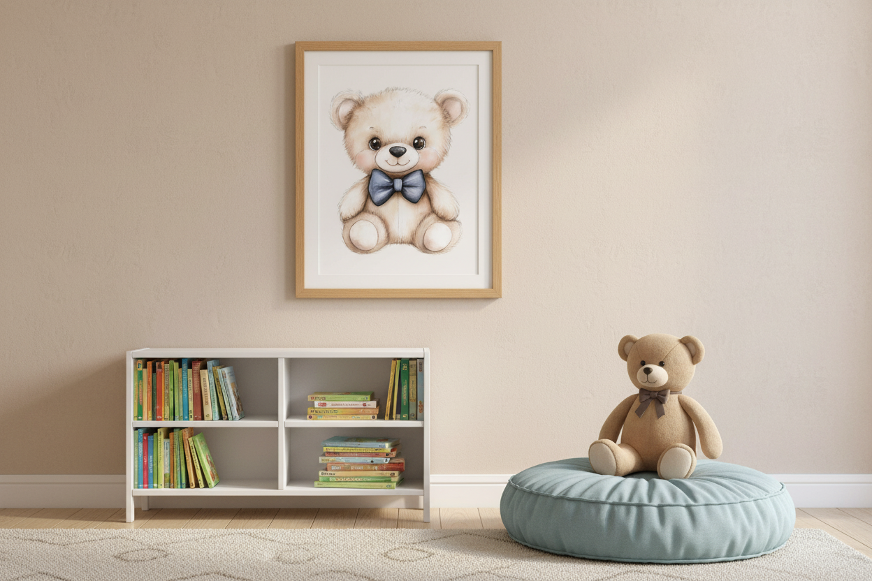 Cute teddy bear with blue bowtie print in cozy reading nook