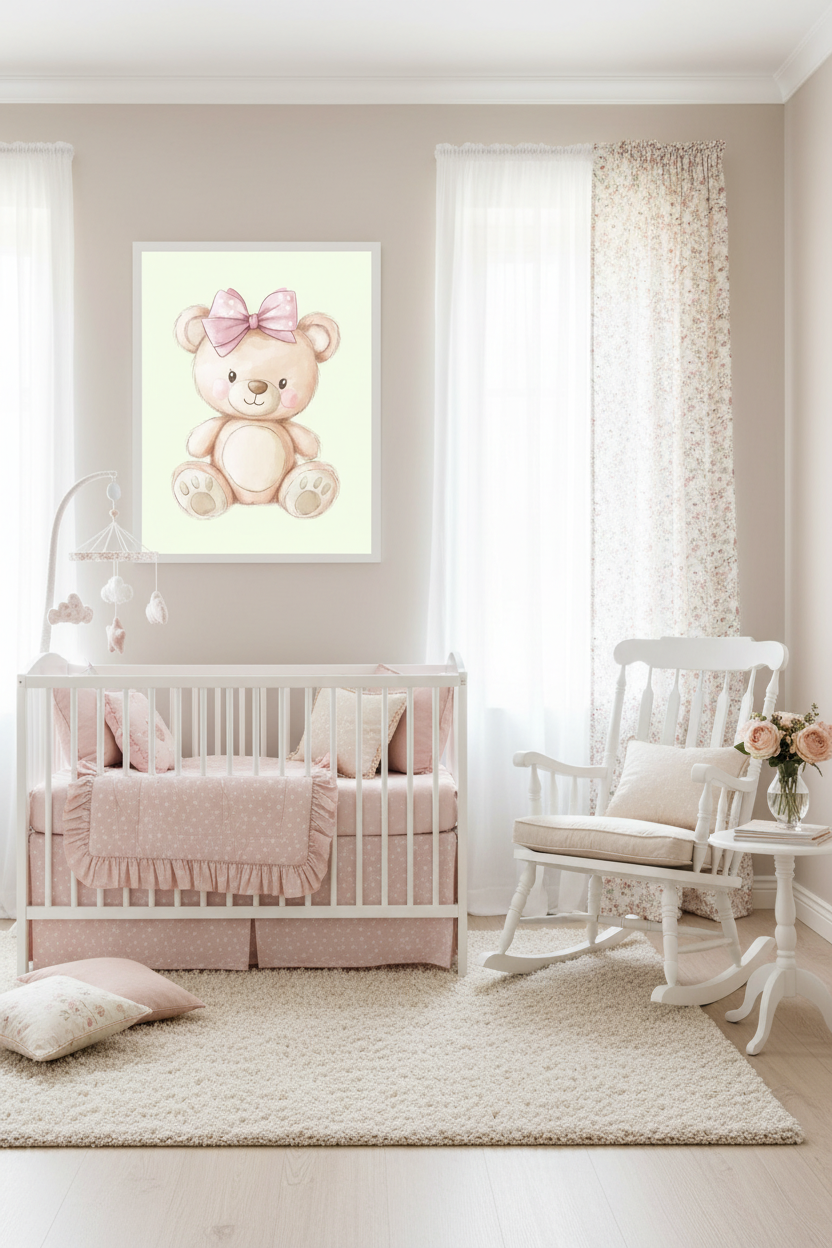 Cute teddy bear with pink bow print in blush pink nursery above crib