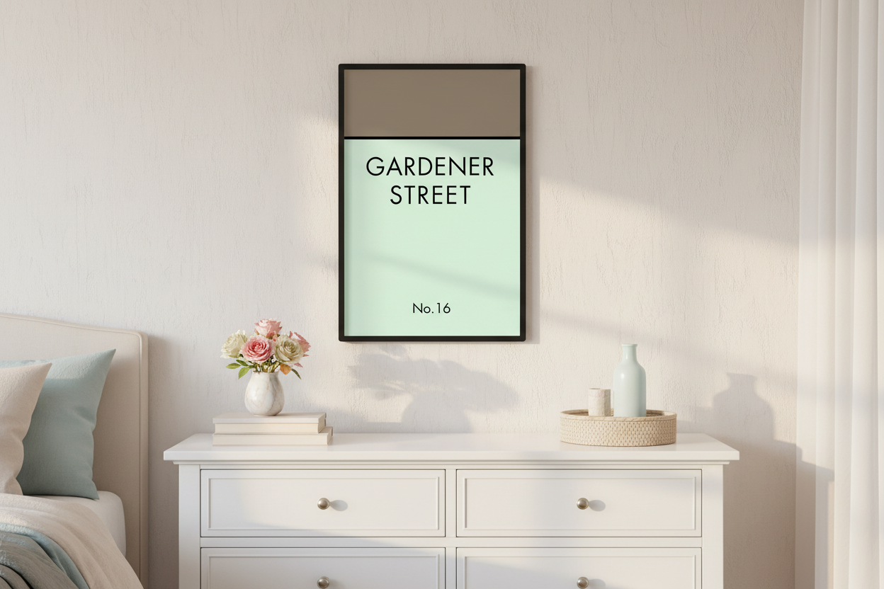 Gardener Street print on bedroom wall above dresser
