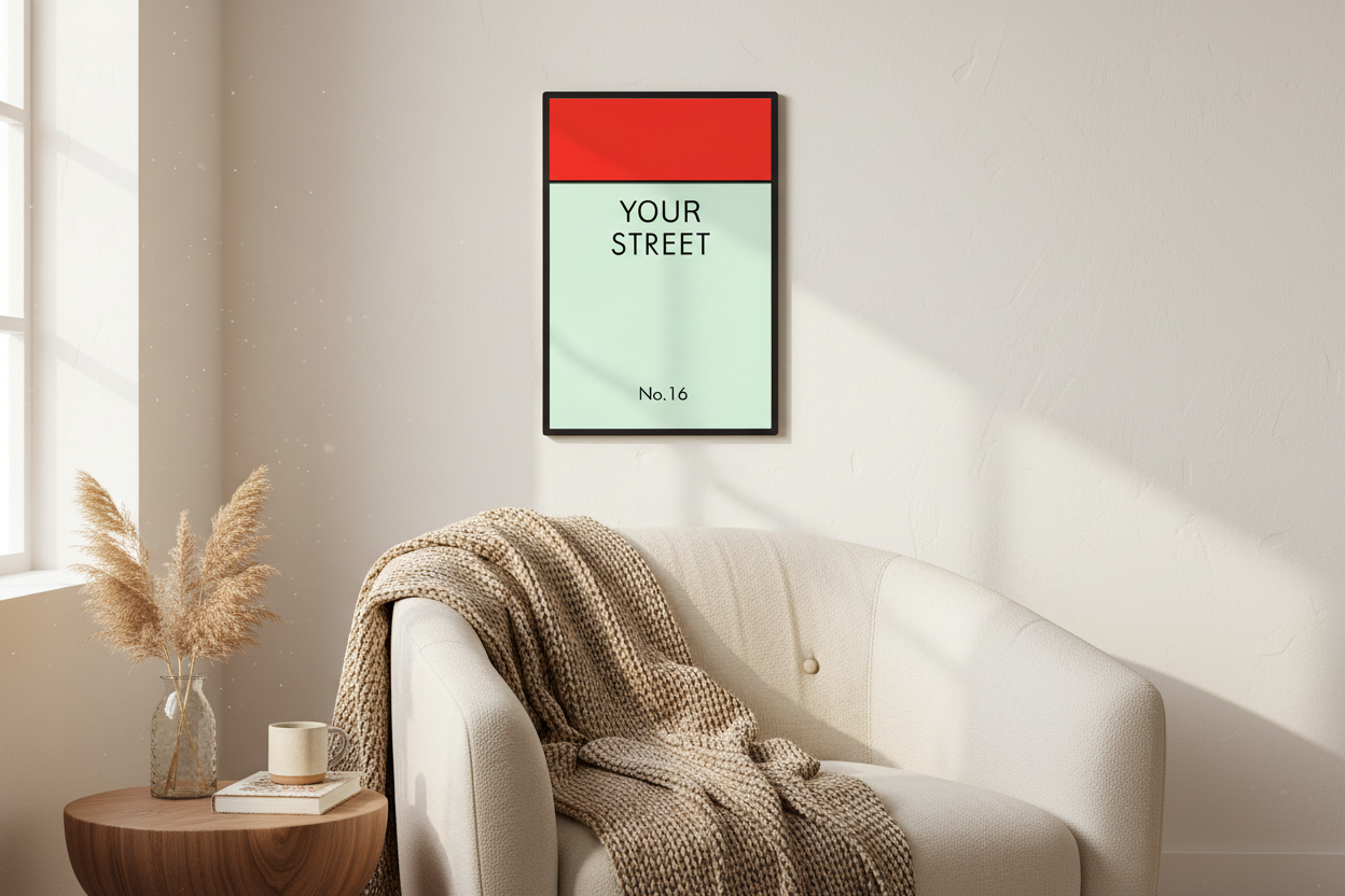 Personalized street sign print above cozy reading nook