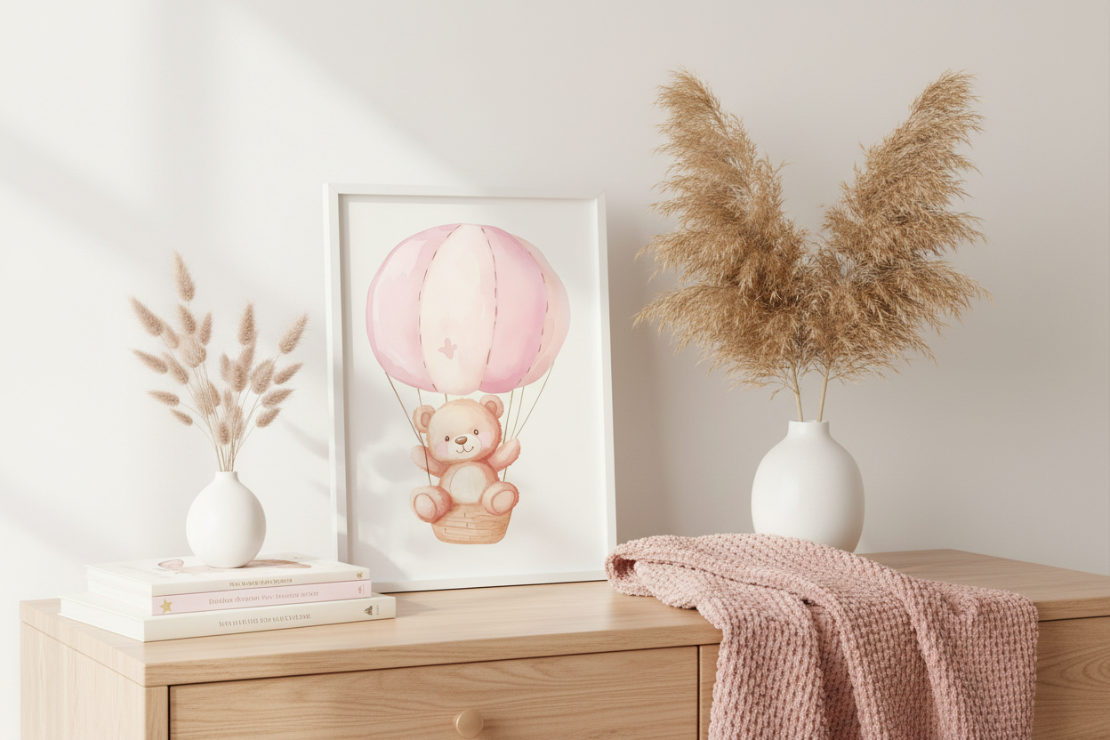 Teddy bear in pink hot air balloon print in white frame on nursery table