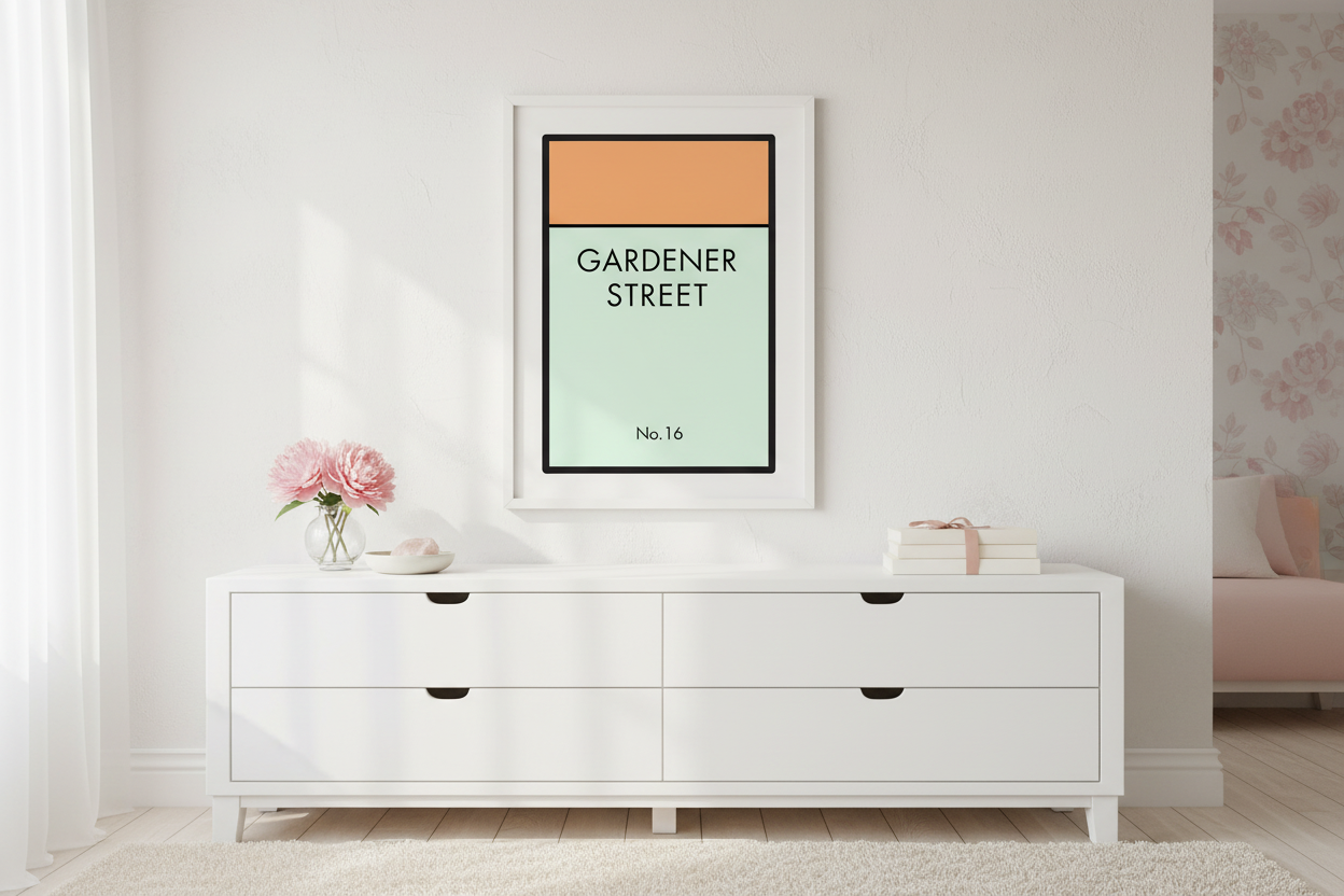 Gardener Street print on bedroom wall above dresser