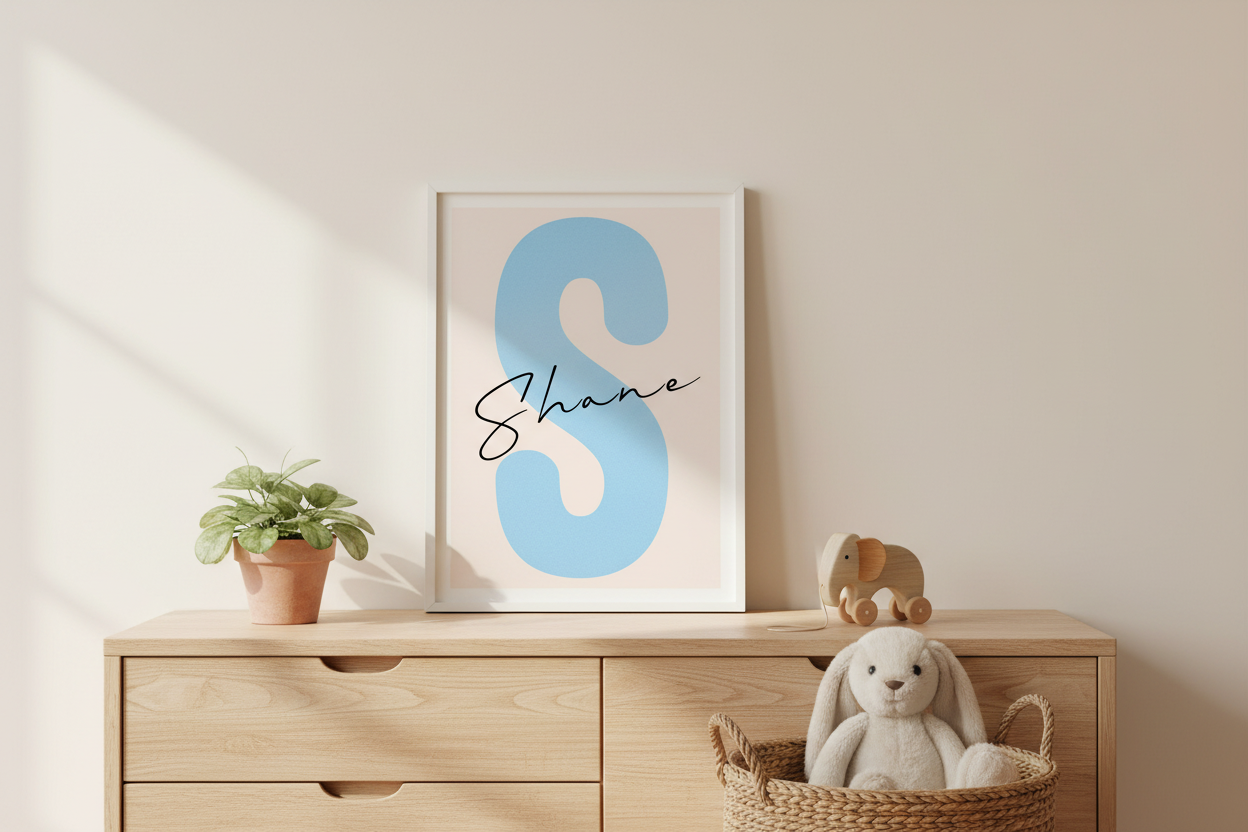 Shane baby name print framed on nursery table with soft decor