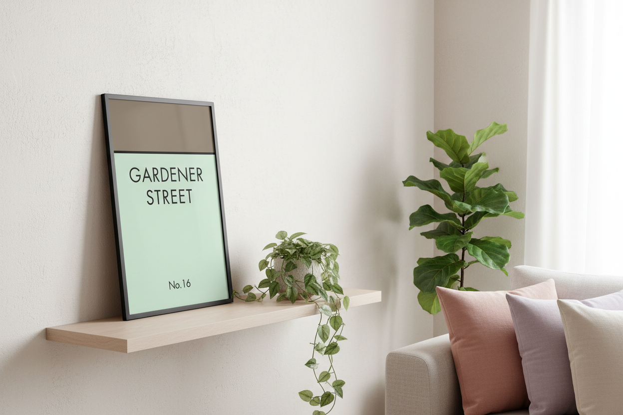Gardener Street print on living room floating shelf