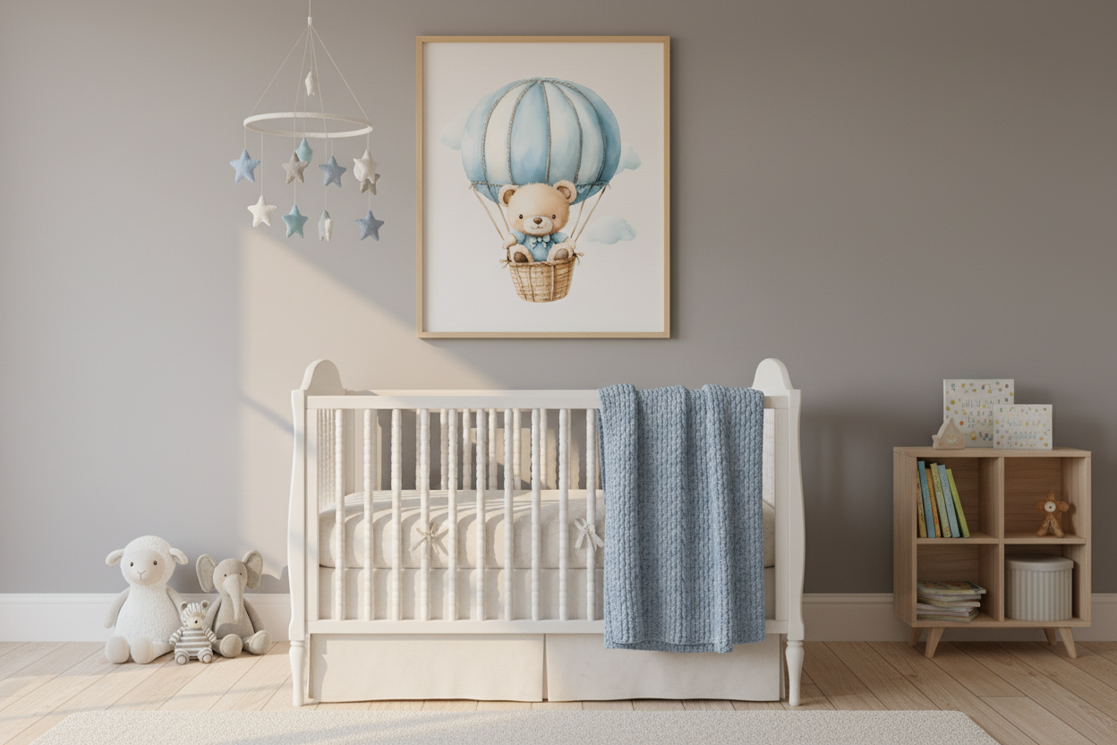 Teddy bear in blue hot air balloon print in gray vintage nursery