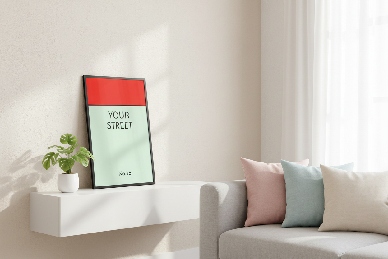 Personalized street sign print on living room floating shelf