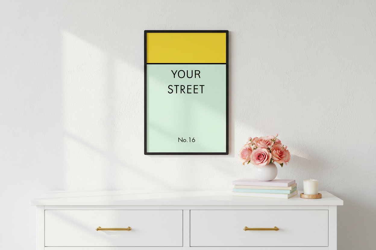 Personalized street sign print on bedroom wall above dresser