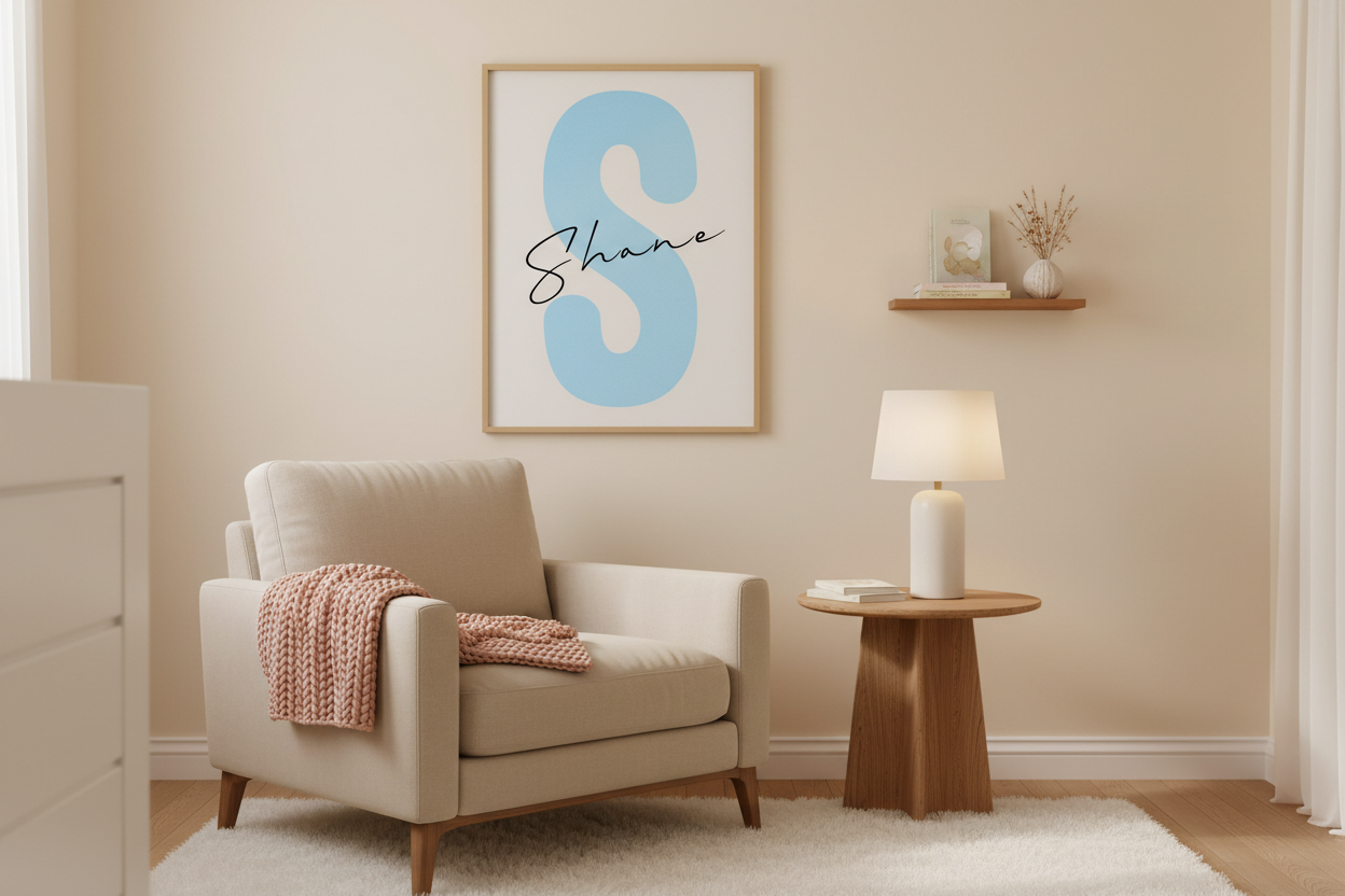 Shane baby name artwork in cozy nursery corner with nursing chair