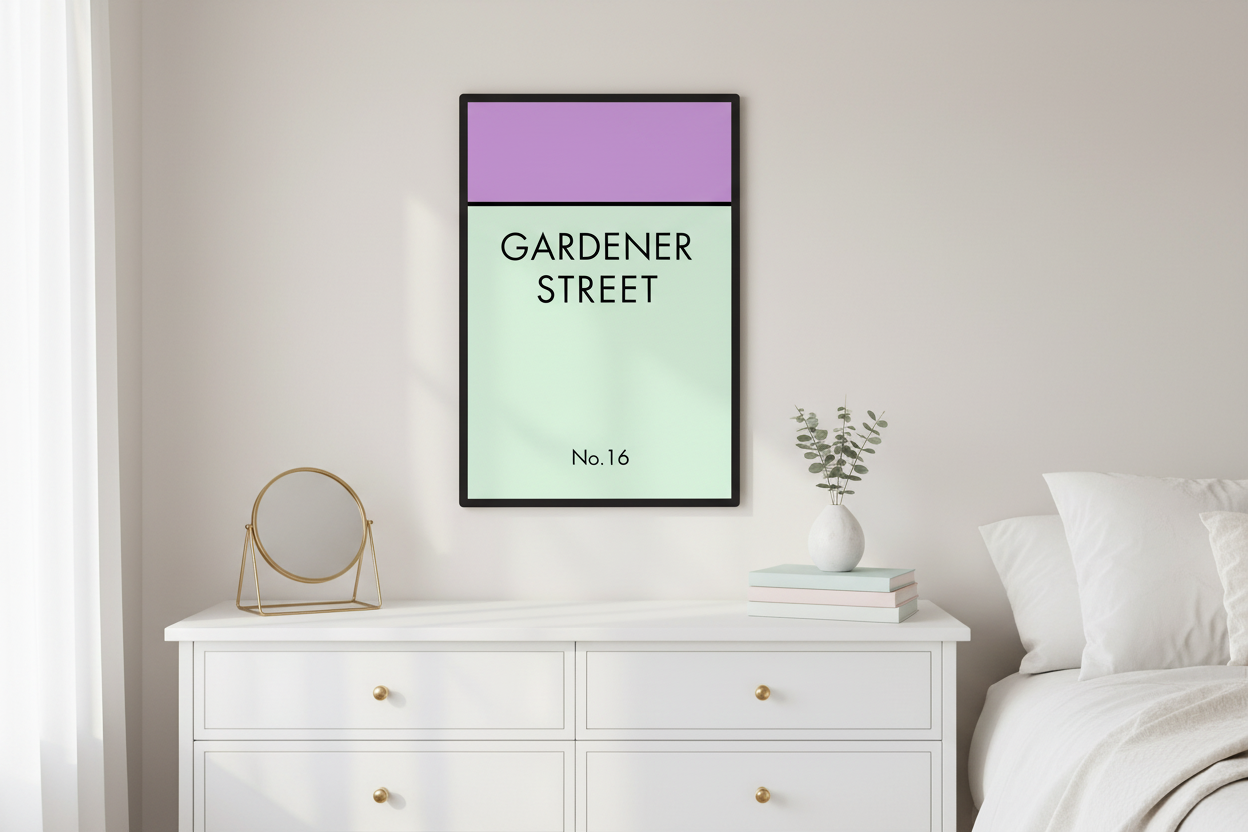 Gardener Street print on bedroom wall above dresser