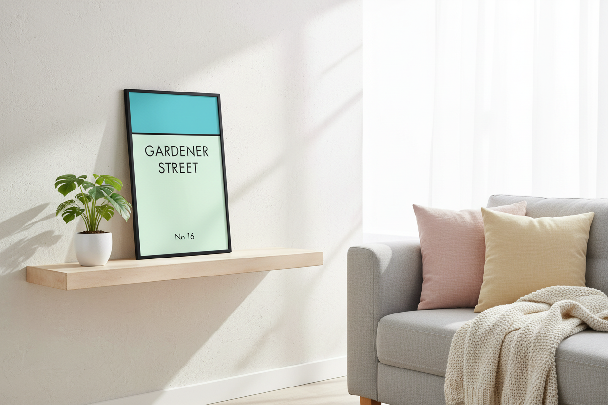 Gardener Street print on living room floating shelf
