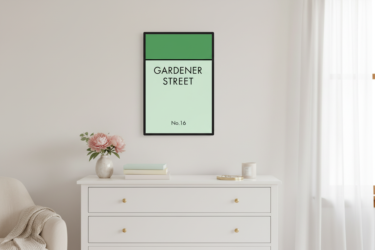 Gardener Street print on bedroom wall above dresser