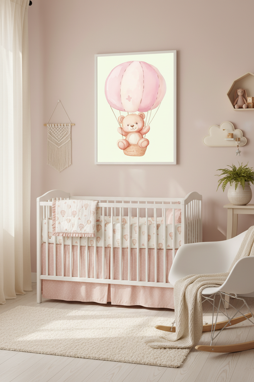 Teddy bear in pink hot air balloon print in blush pink nursery above crib