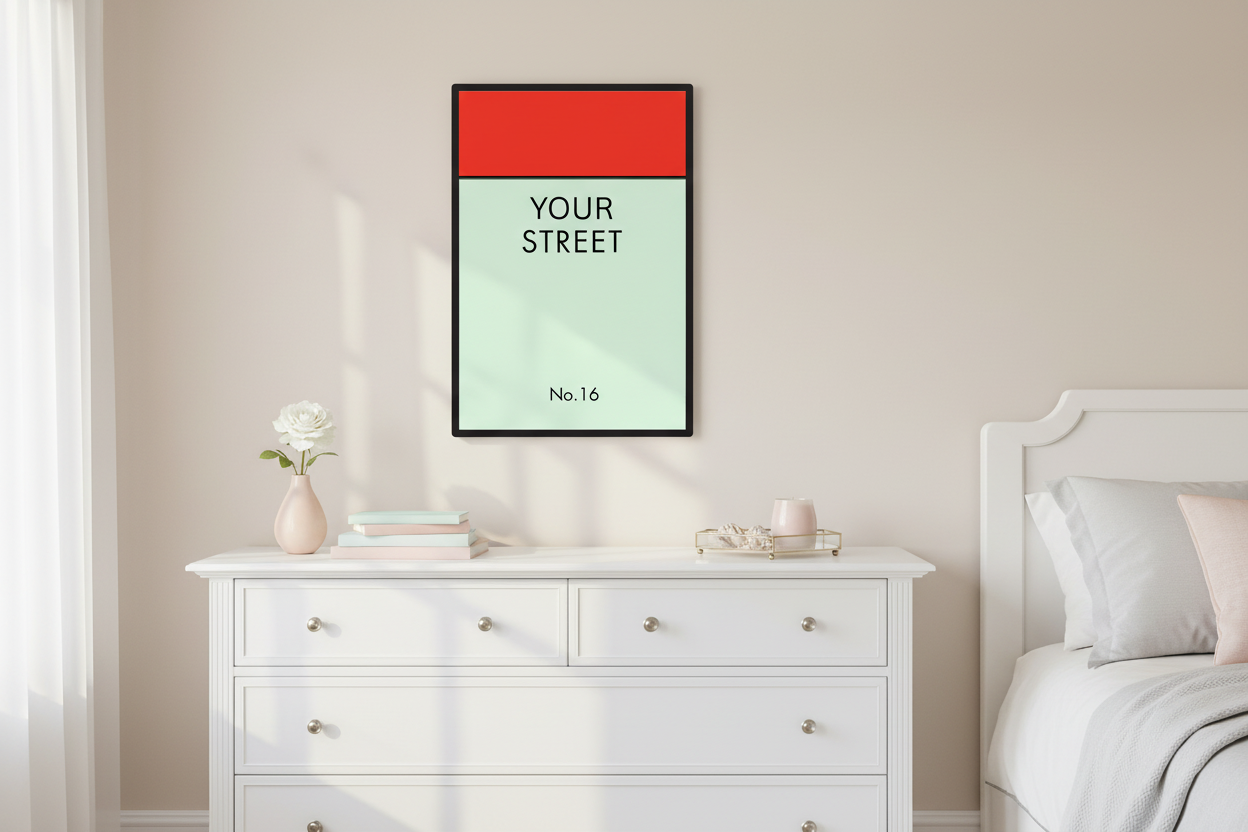 Personalized street sign print on bedroom wall above dresser