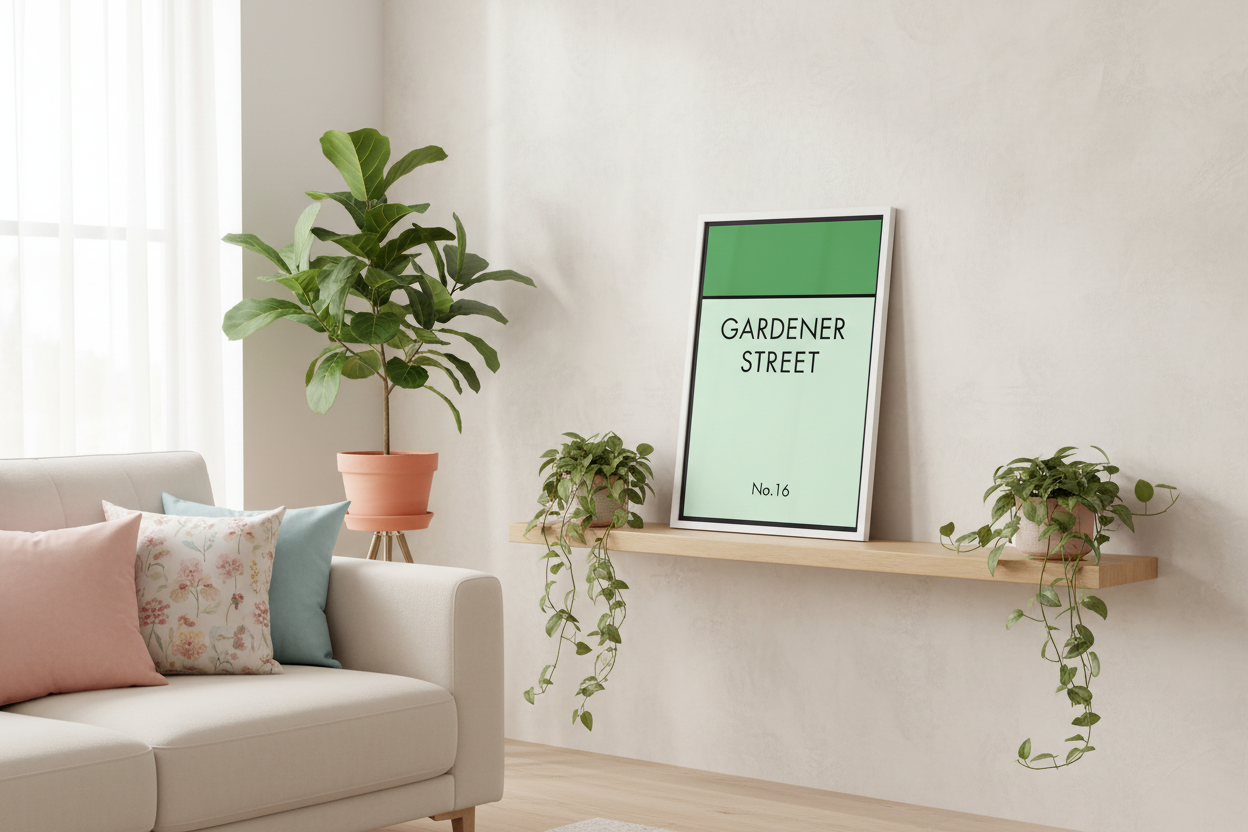 Gardener Street print on living room floating shelf