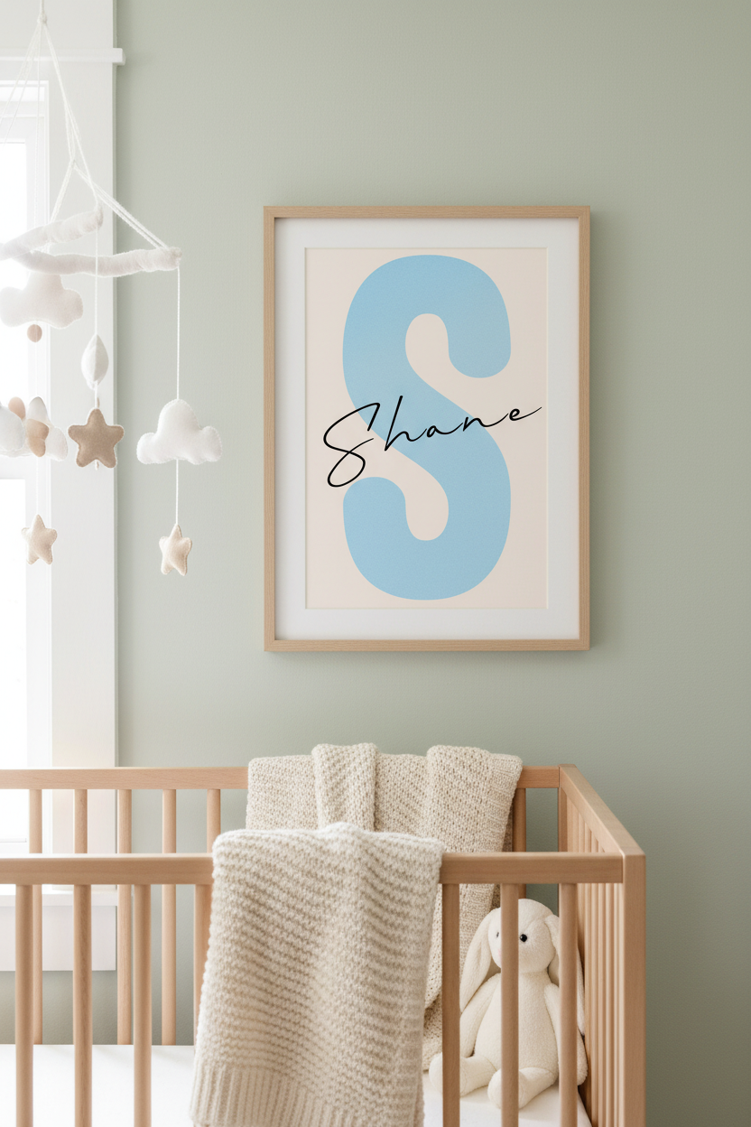 Personalised Shane baby name wall art hanging above crib in nursery