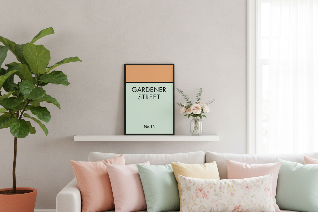 Gardener Street print on living room floating shelf