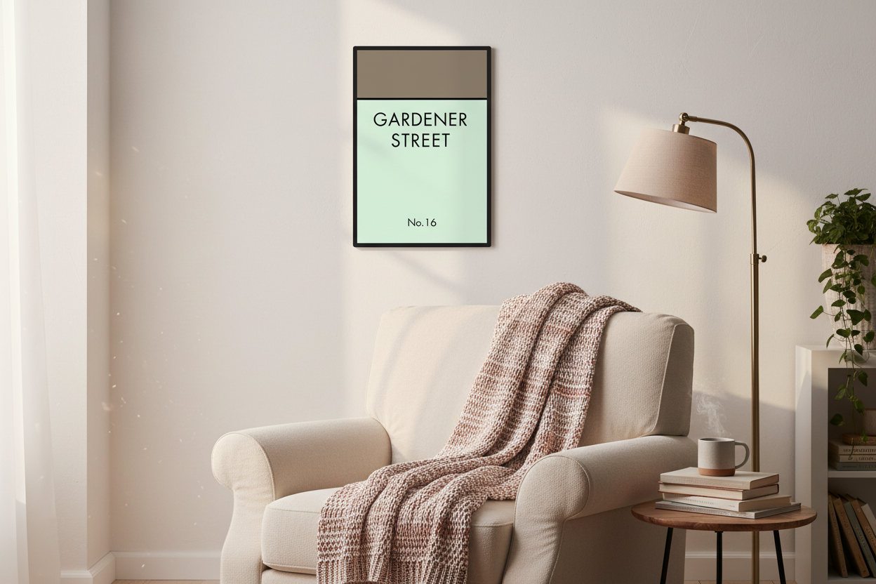 Gardener Street print above cozy reading nook