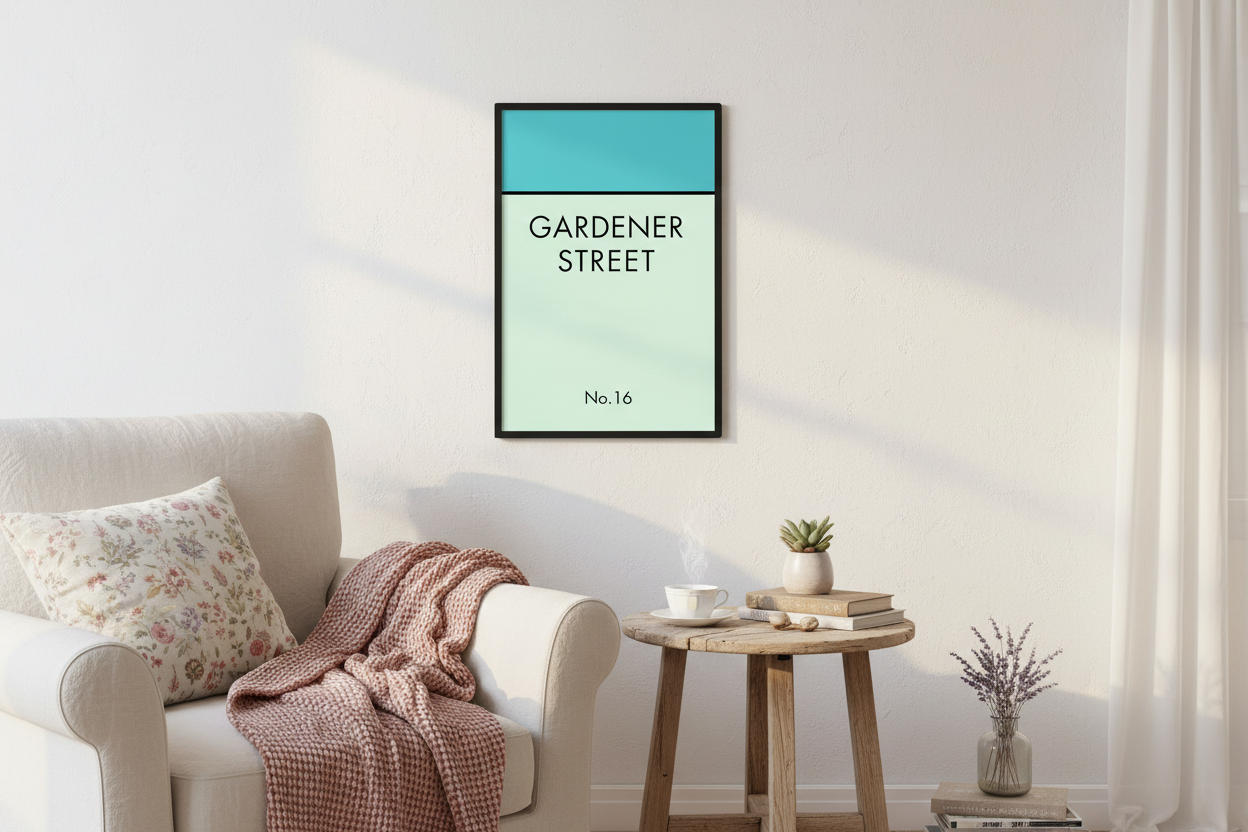 Gardener Street print above cozy reading nook
