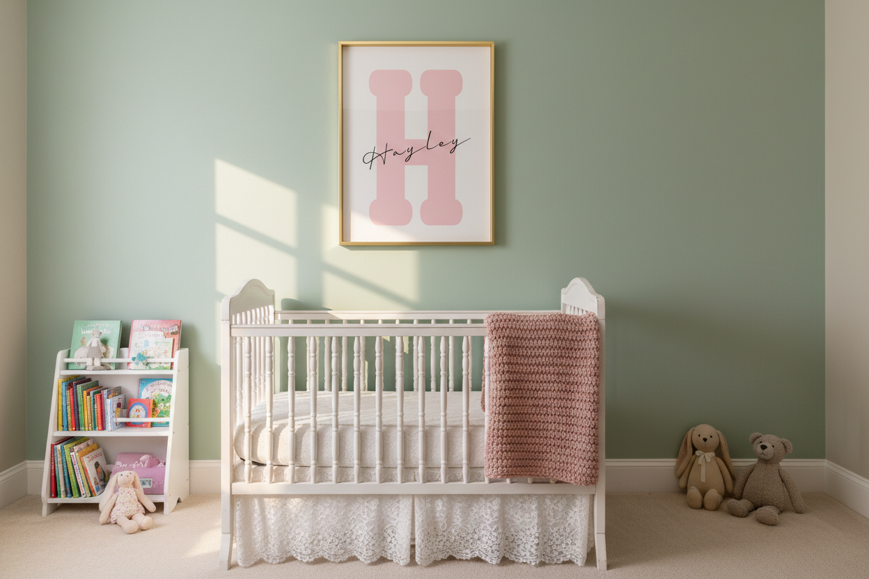 Sage green nursery with Hayley print